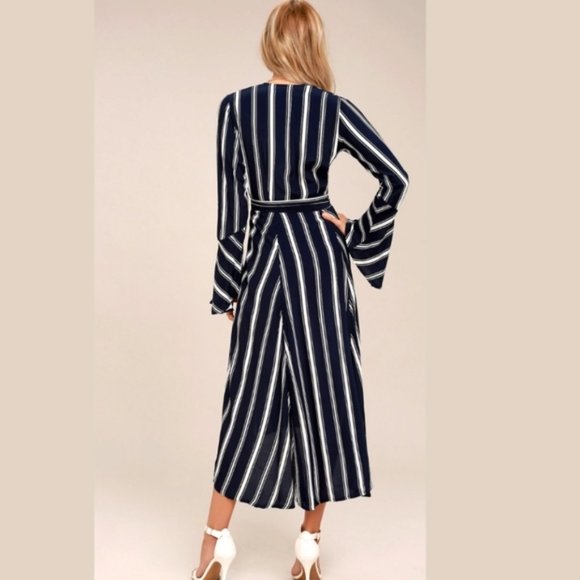Faithfull the Brand Carioca Navy Blue Striped Wrap Dress Sz 6 - Picture 2 of 10